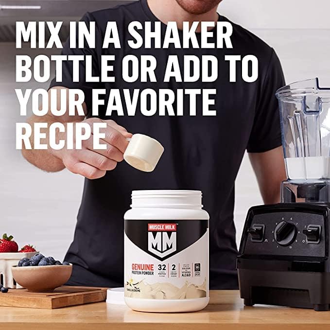 Muscle Milk Genuine Protein Powder, Vanilla 1.93 Pounds, 12 Servings, 32g Protein, 2g Sugar,