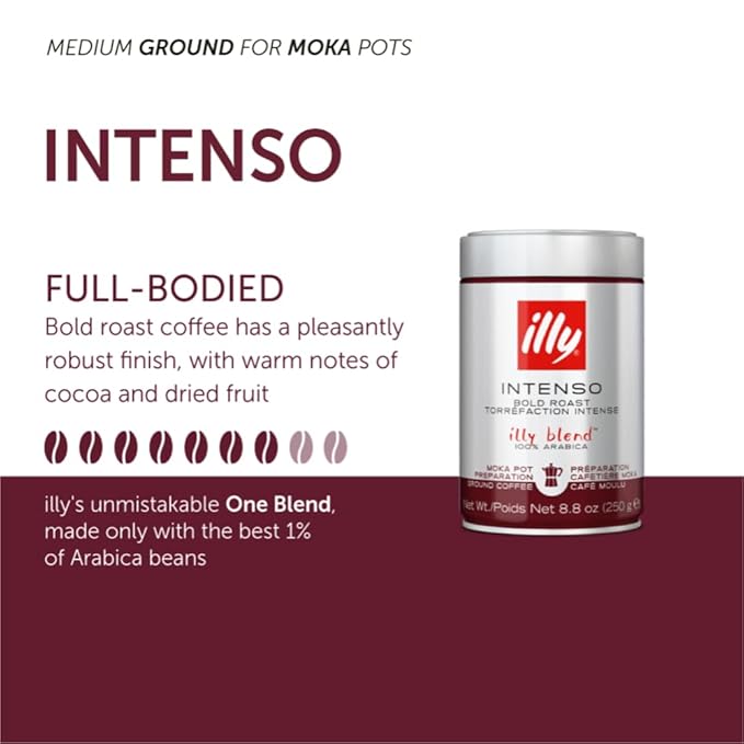 illy Ground Coffee Moka - 100% Arabica Flavored Coffee Ground - Rich Aromatic Coffee Grounds Profile – Intenso Dark Roast – Warm Notes of Cocoa & Dried Fruit - No Preservatives – 8.8 Ounce, 6 Pack