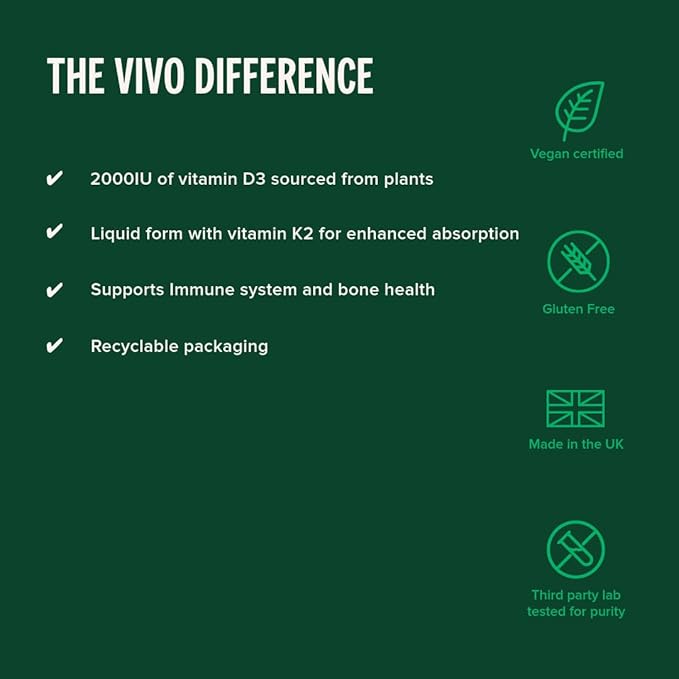 Vivo Life - Vitamin D3 K2, 50ml Liquid Complex Drops, 2000iu of D3, Vegan Health Supplement for Men and Women, 100 Servings