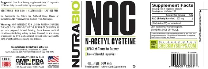 NutraBio N-Acetyl Cysteine Supplement (NAC) 90 Capsules, 600mg Each