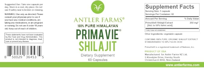 Antler Farms - 100% Pure PrimaVie 60 Capsules, 250mg – 50% Fluvic