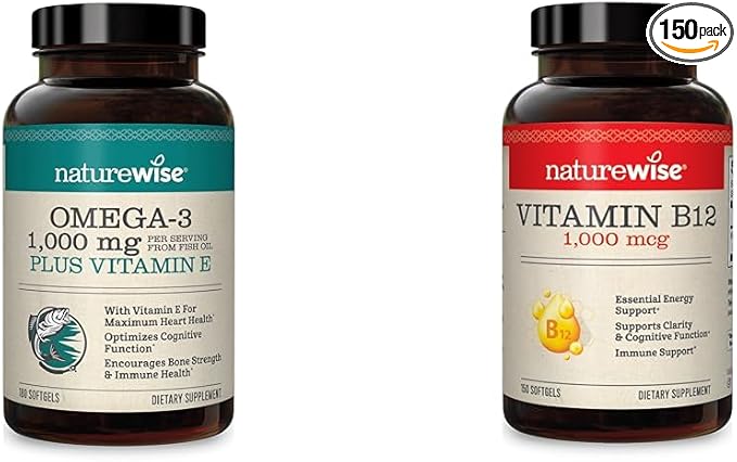 NatureWise High-Potency 1000mg Omega 3 600mg 400mg DHA 180ct & 1000mcg Vitamin B12 150 150 Softgels