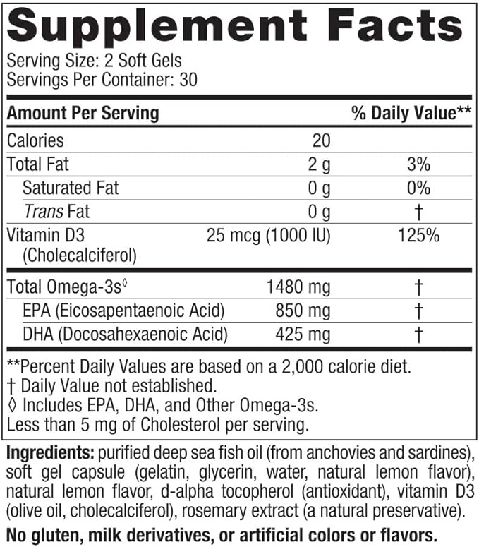 Nordic Naturals Ultimate Omega Xtra, Lemon Flavor 60 Soft 1480 mg Omega-3 + 1000 IU D3 - Omega-3 Fish 30 Servings