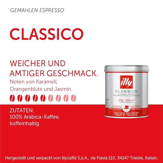 illy Ground Coffee Espresso - 100% Arabica Coffee Ground – Classico Medium Roast - Notes of Caramel, Orange Blossom & Jasmine - Rich Aromatic Profile - Precise Roast - No Preservatives – 4.4 Ounce