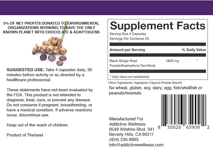 Addictive Wellness Thai Black Ginger for Men, Thai Black Ginger Supplement to Support Energy Metabolism, Endurance & Performance, Freeze Dried Black Ginger Capsules 450mg, Vegan & Paleo, 100 Count