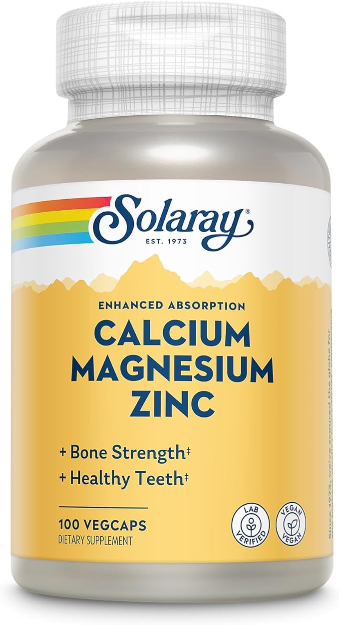 SOLARAY Calcium Magnesium Zinc Supplement 1000mg, Magnesium 500mg - 60 Day 25 Servings, 100 VegCaps