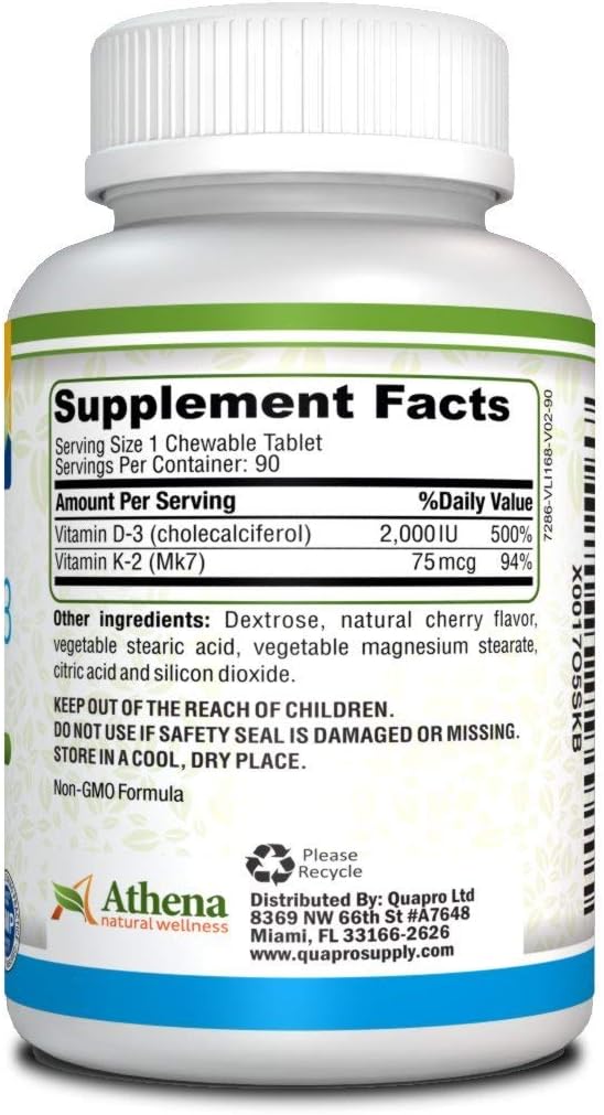 Athena - Vitamin D3 2000IU K2 (MK7) (MK7) - 90 Chewable