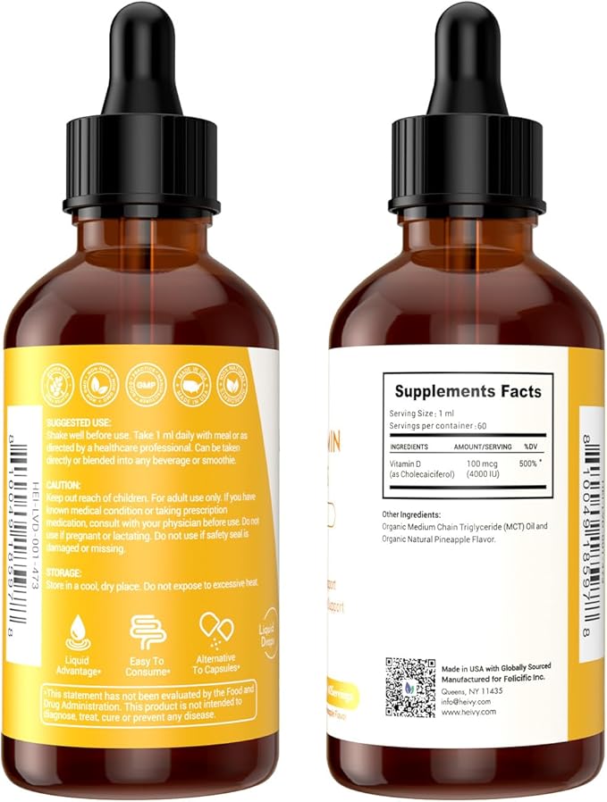 Liquid Vitamin D Drops 4000 IU (100 mcg), Vitamin D3 for Bone Health Support, Pineapple Flavor Vegan VIT D3 Drops, Made in USA, 60 Servings 2 Fl Oz (60ml)
