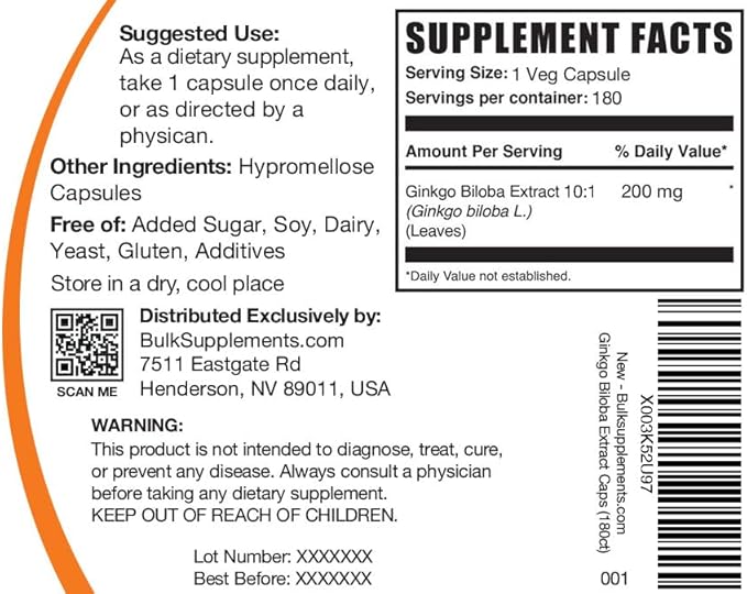 BulkSupplements.com Ginkgo Biloba Extract Capsules 2000mg, Ginkgo 1 Capsule 180 Veg