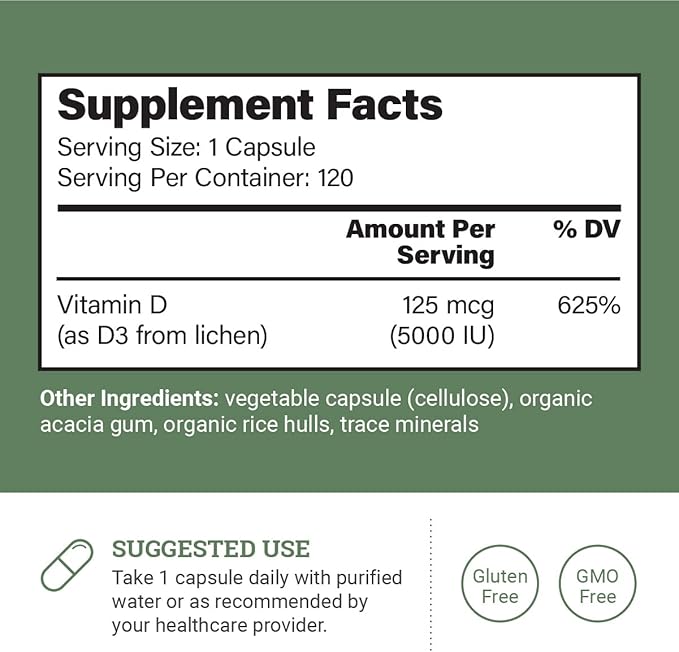 Vegan Vitamin D3 5000 iu Supplement D3 Vitamin 5000 iu 5000 iu 120 Capsules, 4-Month Supply D3