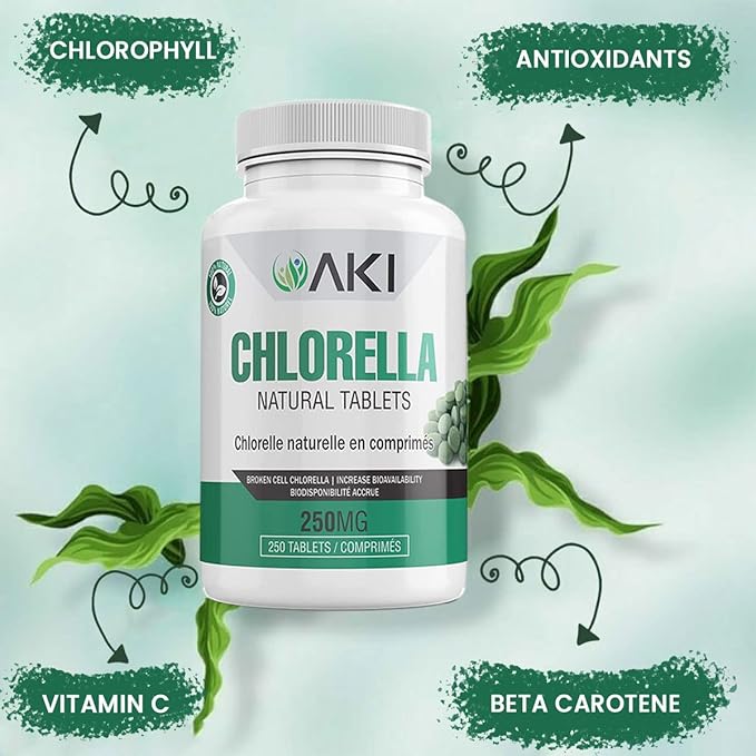 AKI Chlorella Superfood Supplement Tablets (250) B12, Iron,