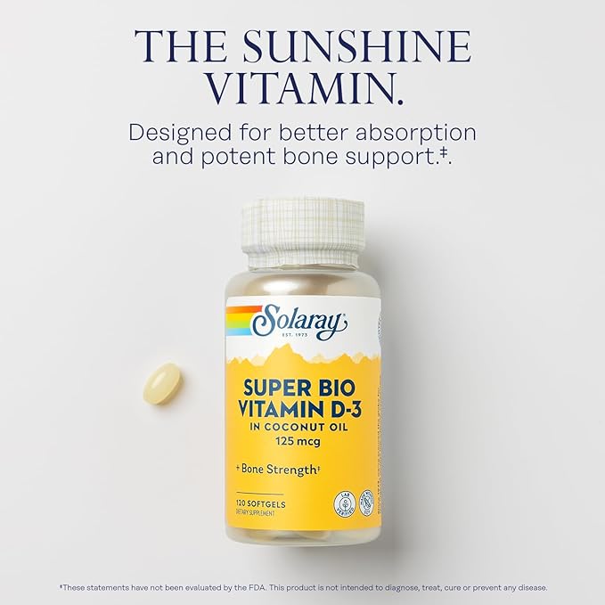 Solaray Super Bio Vitamin D3 in D3 Vitamin 5000 IU 60-Day Guarantee 120 Softgels, 120 Servings