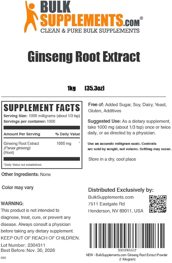 BulkSupplements.com Ginseng Root Extract Powder 1000mg per 1kg (2.2 (2.2 lbs) 1)