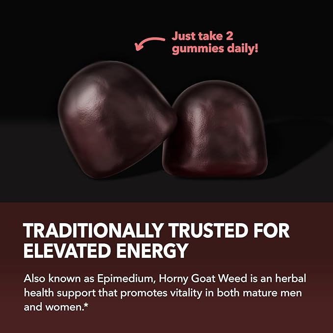 Horny Goat Weed Gummies with Vitamin B12 - Energy, Endurance & Performance Support for Men and Women - Enhanced with B12 Vitamins for Mood & Male Health Support - 60 Raspberry Vegan Gummies
