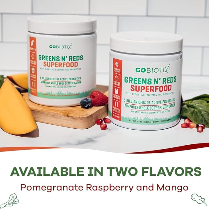 GOBIOTIX Super Greens and Reds Powder - Red and Green Superfood - Probiotic Supplement - Digestive Enzymes and Beet Root Powder - Organic Whole Foods Dietary Supplement (Pom Raspberry, 3 Pack)