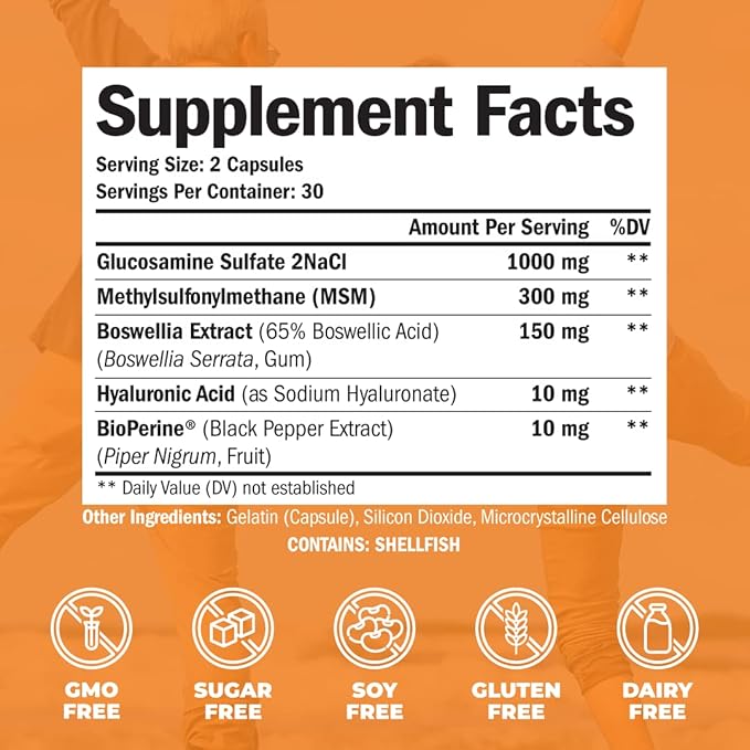 Glucosamine Sulfate with Hyaluronic Acid, Bioperine, 5-in-One Joint 60 Capsules