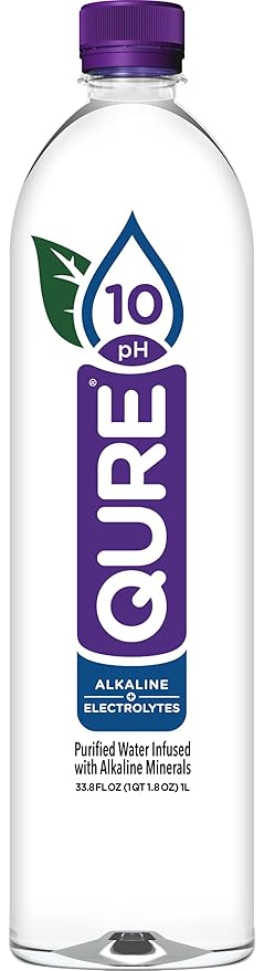 QURE Water, Premium 10 pH Ionized Alkaline Bottled Water, Silky Smooth Taste Infused with Electrolytes, 33.8 Fl Oz (Pack of 12)
