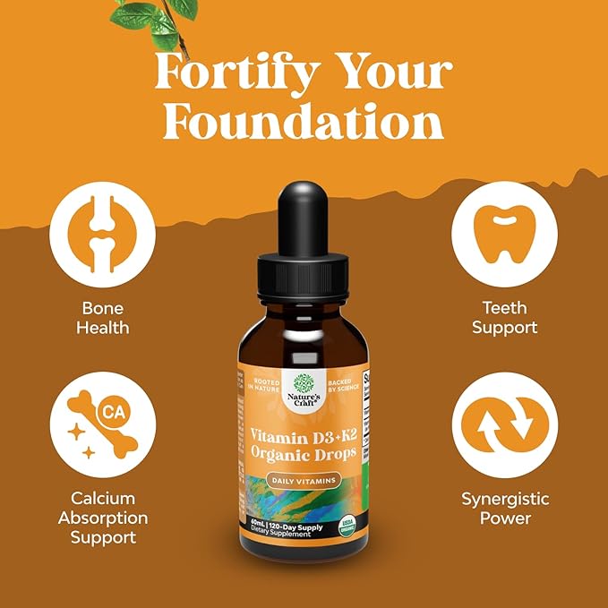 Natures Craft Liquid Vitamin D3 with K2 for Adults - Organic Drops 2000IU per Serving Vegan Bone Muscle Heart & Immune Support MCT Oil Enhanced Absorption