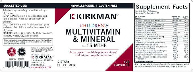 Kirkman - Children's Multivitamin & Mineral 120 Capsules 5-MTHF -