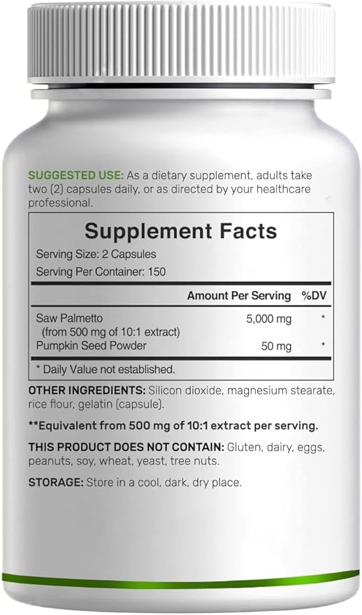 Saw Palmetto Supplement 5000 mg with Pumpkin Seed, 300 Capsules | Promotes Prostate Health | DHT Blocker | Hair Growth Vitamins, Maintain Normal Urinary Frequency