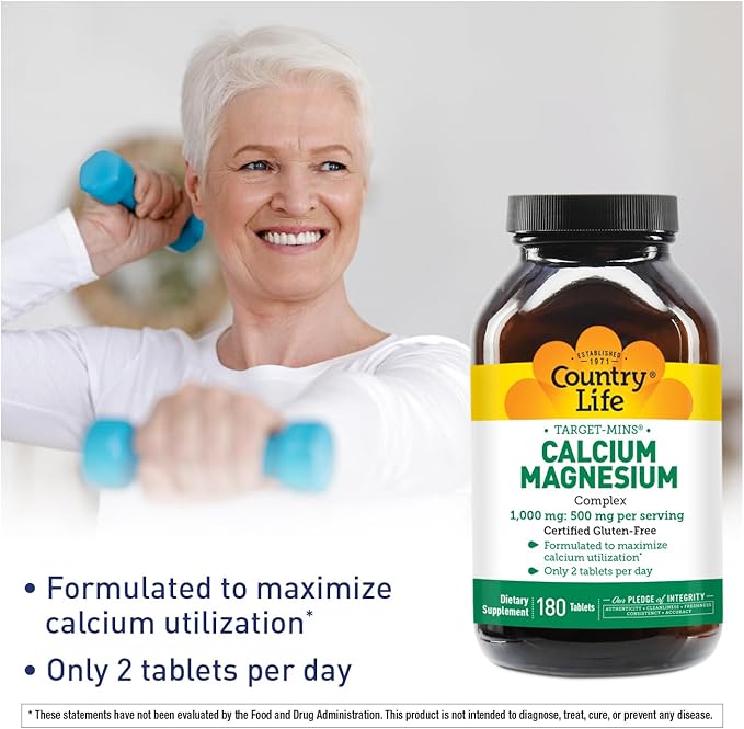 Country Life Target-Mins Calcium Magnesium Complex 1000mg/500mg, 180 Tablets, Certified Gluten Free, Certified Vegan, Certified Non-GMO Verified