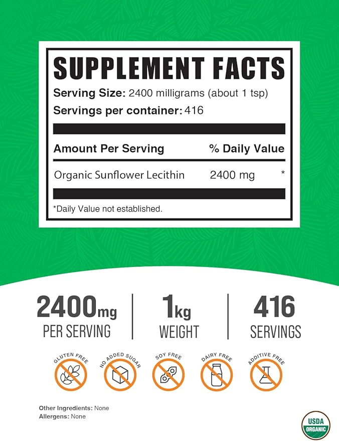 BulkSupplements.com Organic Sunflower Lecithin Powder - Sunflower Lecithin Supplement, Lecithin Powder Food Grade - Vegan & Gluten Free, 2400mg per Serving, 1kg (2.2 lbs) (Pack of 1)