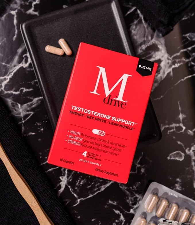 Mdrive Prime - Testosterone Support for Men, Max Energy, Stress Relief and Lean Muscle, KSM-66 Ashwagandha, S7 Nitric Oxide Booster, Bioperine and DHEA, 60 Capsules
