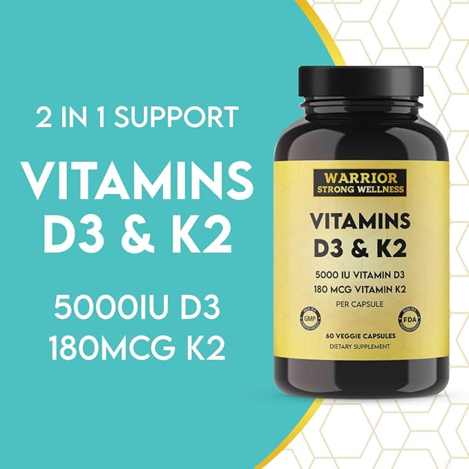 Vitamin D3 and K2 Supplement 5000IU Vitamin D3 and 180MCG Vitamin K2 Supplement 2 Month-Supply, 60 Veggie