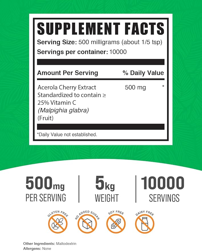 BulkSupplements.com Acerola Cherry Extract Powder 500mg per 5kg (11 (11 lbs) 5)