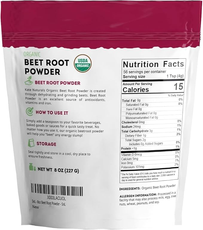 Kate Naturals Beet Root Powder Organic for Smoothie & Energy Boost. Nitric Oxide Supplement for Workout (8oz, Earth Flavor, Mix with Juice Easily)