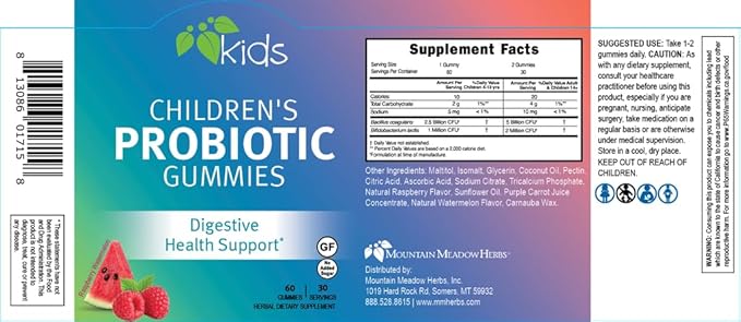 Mountain Meadow Herbs Children’s Probiotic Gummies for Kids | Digestive Regularity Support | Immune System + Microbiome Health for Kids | Ages 3+ No Added Sugar 60 ct.