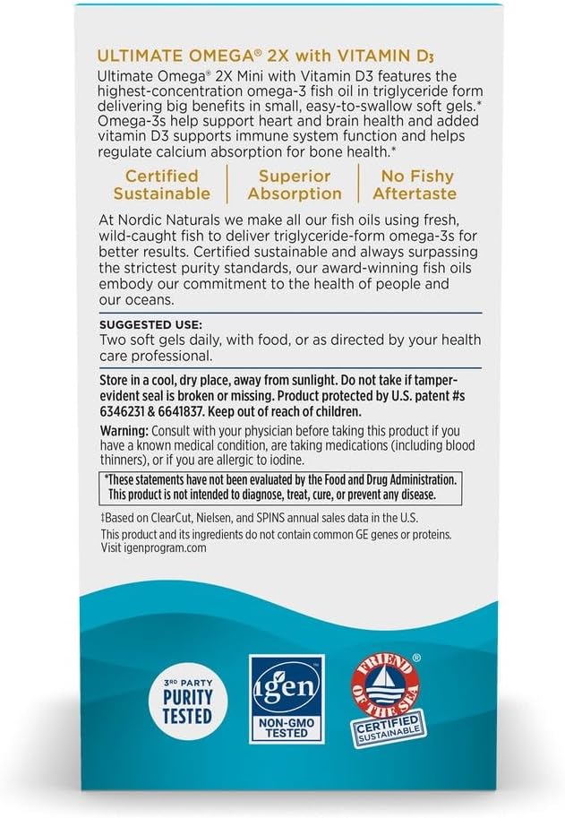Nordic Naturals Ultimate Omega 2X Mini D3, Lemon 1120 mg Omega-3 + 1000 IU D3-60 Mini Omega-3 Fish 30 Servings