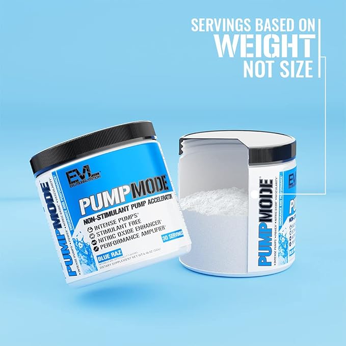 EVL PumpMode Nitric Oxide Supplement - Nitric Oxide Booster Pump Pre Workout Powder with Glycerol and Betaine for Muscle Recovery Growth and Endurance - Stim Free Pre Workout Drink (Blue Raz)