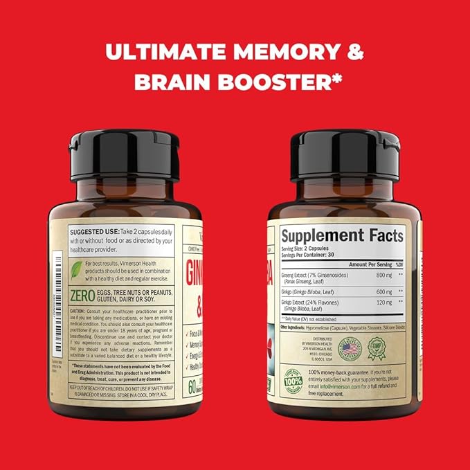Ginseng + Ginkgo Biloba Supplements. Extra 800mg + 600mg + 120mg