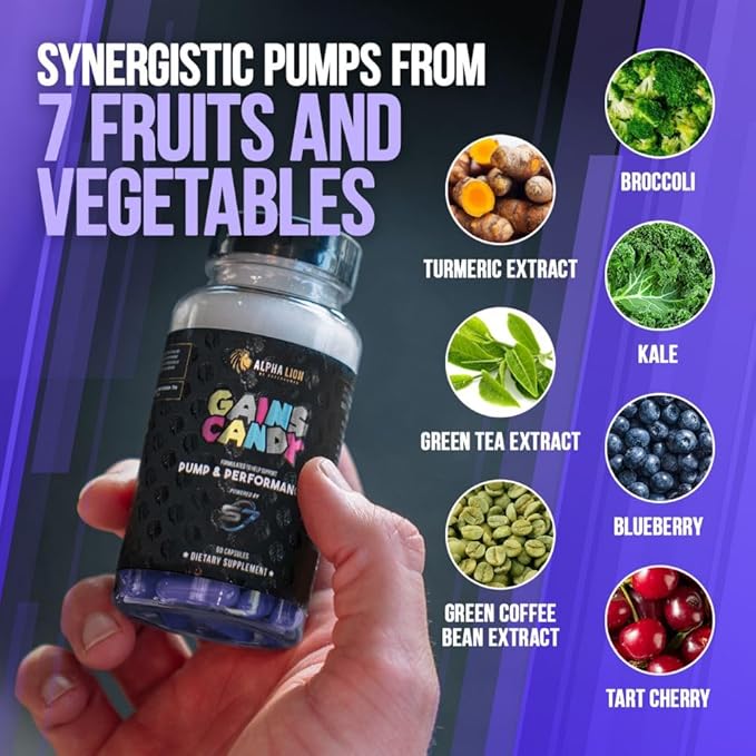 ALPHA LION Gains Candy, Supplement Pills for Muscle Pump & Blood Flow, Nitric Oxide Booster, Supports Mental Focus, Use Daily to Upgrade Workout Performance, 60 Capsules (S7)
