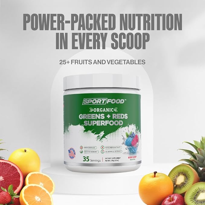 SPORTFOOD Organic Greens & Reds Superfood Powder | Mixed Berry Flavor | 25+ Super Fruits & Veggies, Beets, Prebiotics | Energizing, Antioxidant-Rich, Keto-Friendly Smoothie Mix | 35 Servings