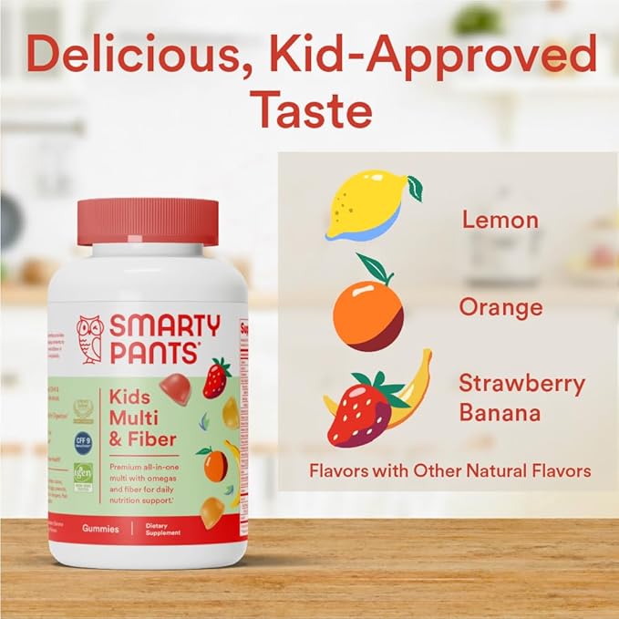 SmartyPants Kids Multivitamin Gummies and Fiber 3 Fish D3, C, B12, B6, B6, Vitamin 90 Count (22 Day