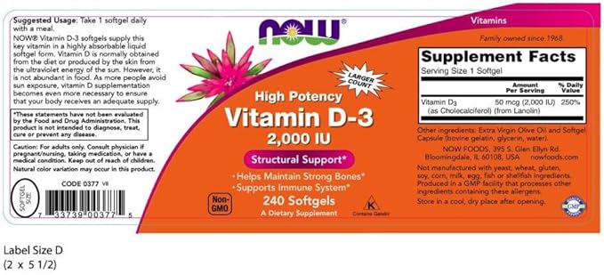 NOW Supplements, CoQ10 (Coenzyme Q10) 200 60 Veg D-3 2,000 2,000 IU, 240 Softgels