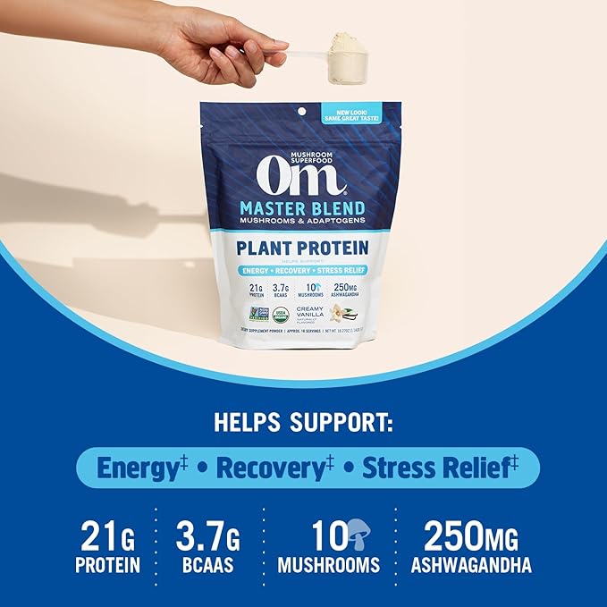 OM MUSHROOM SUPERFOOD Master Blend Plant-Based Protein Powder, 18.27 Ounce, 16 Servings, Creamy Vanilla Protein with 10 Mushroom Complex, Lions Mane, Adaptogens for Optimal Health and Recovery