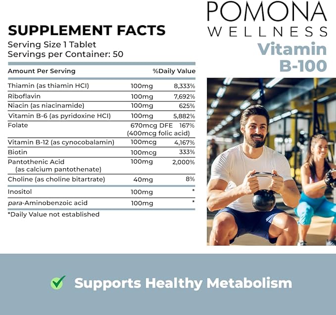 Pomona Wellness Vitamin B Complex Supplement 10 B B12, Supports 50 Tablets