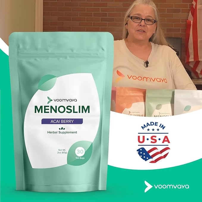 VoomVaya MenoSlim Tea - Hormone Balance Tea, Perimenopause & Estrogen Supplement for Women - for Bloating, Hot Flashes, Night Sweats & Meno-Belly - Acai Berry Flavor - 30 Teabags