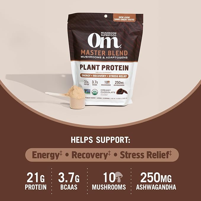 OM MUSHROOM SUPERFOOD Master Blend Plant-Based Protein Powder, 19.26 Ounce, 16 Servings, Creamy Chocolate Protein with 10 Mushroom Complex, Lions Mane, Adaptogens for Optimal Health and Recovery