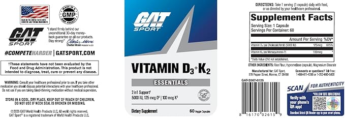 GAT SPORT Vitamin D3 K2, 5000 IU (125 mcg) Vitamin D, 60 Day Supply, Dietary Supplement for Bone, Teeth, Muscle and Immune Health Support, 60 Veggie Caps