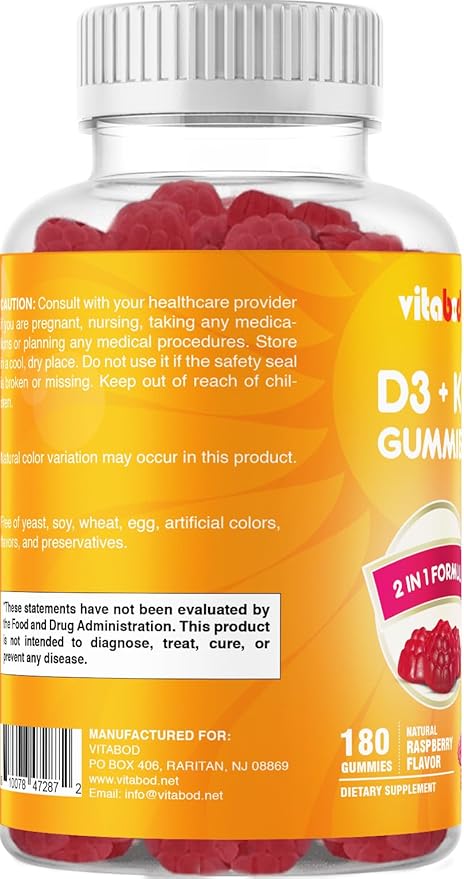 Vitamin D3 + K2 Gummies – Bone & Heart Health Support – 180 Pectin-Based Vegan Gummies