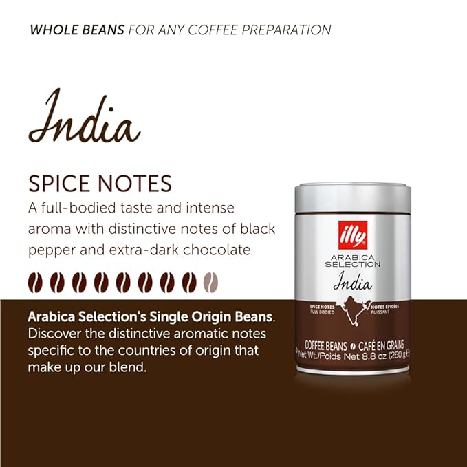illy Whole Bean Coffee - Perfectly Roasted Whole Coffee Beans – India Dark Roast - with Notes of Black Pepper & Extra-Dark Chocolate – Full-Bodied - 100% Arabica Coffee - No Preservatives – 8.8 Ounce