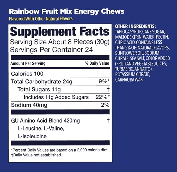 GU Energy Chews, Rainbox Mix Energy Gummies with Electrolytes, Vegan, Gluten-Free, Kosher, Caffeine Free, and Dairy-Free On-The-Go Energy for Any Workout, 12 Bags (24 Servings Total)