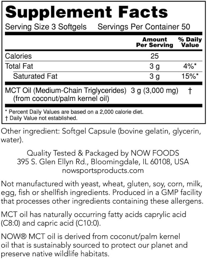 NOW Foods Sports Nutrition, MCT (Medium-chain triglycerides) Oil 1,000 mg, Weight Management, 150 Softgels