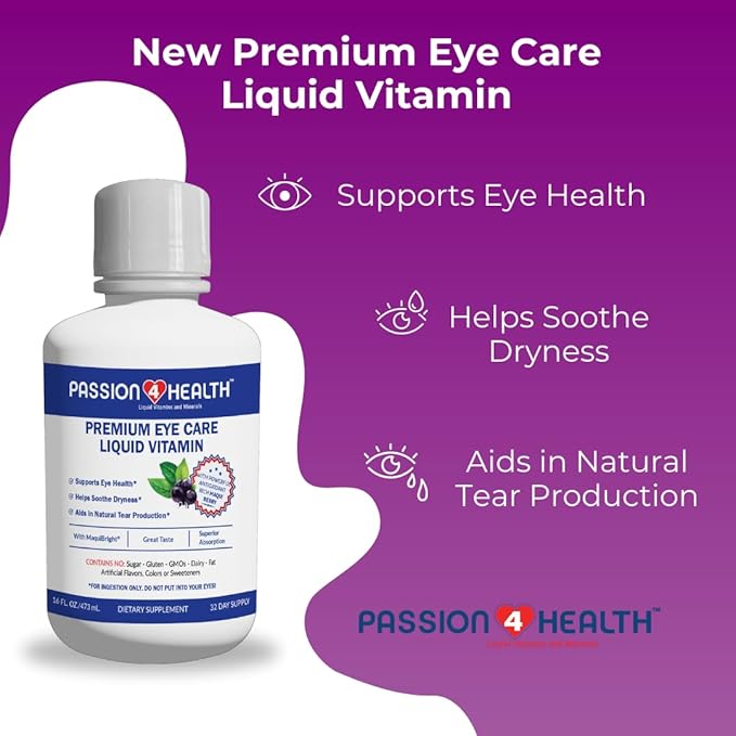 Passion 4 Health Liquid Eye Vitamins - Natural Vision & Premium Eye Health Support with Maqui Berry Extract, Gluten-Free, Non-GMO, No Sugar - Adult Eye Care Supplement, 30-Day Supply, Made in USA