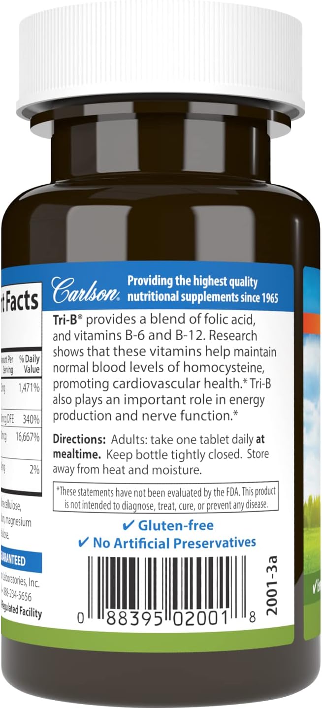 Carlson - Tri-B, Vitamin B Complex, 25 mg B-6, 400 400 mcg B-12, Folic B12 Supplement, 120 Tablets