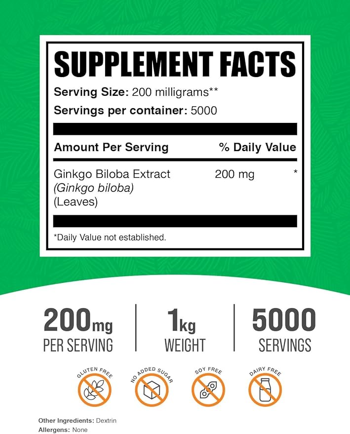 BulkSupplements.com Ginkgo Biloba Extract Powder 200mg per 1kg (2.2 (2.2 lbs) 1)